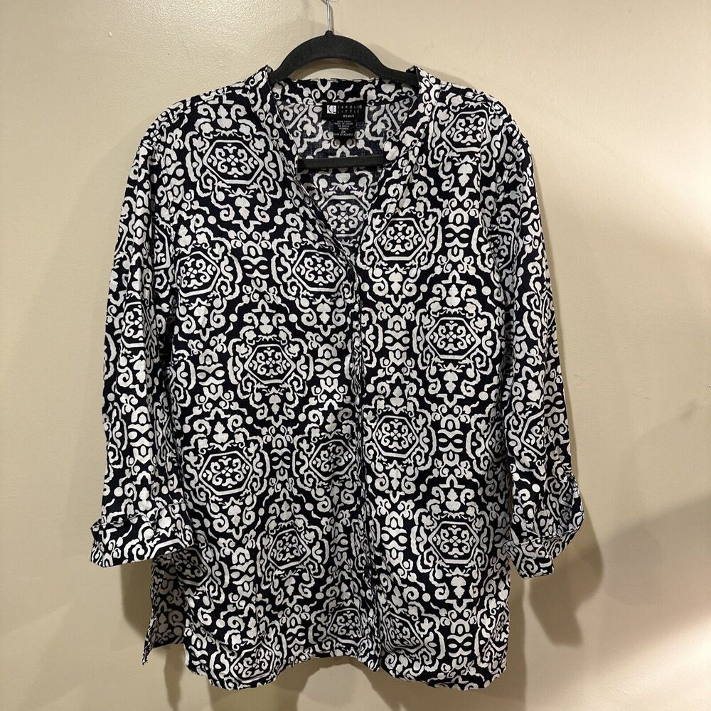 Carole Little Size 2X Linen Button Up Blouse V Neck Tunic Black White 3/4 Sleeve